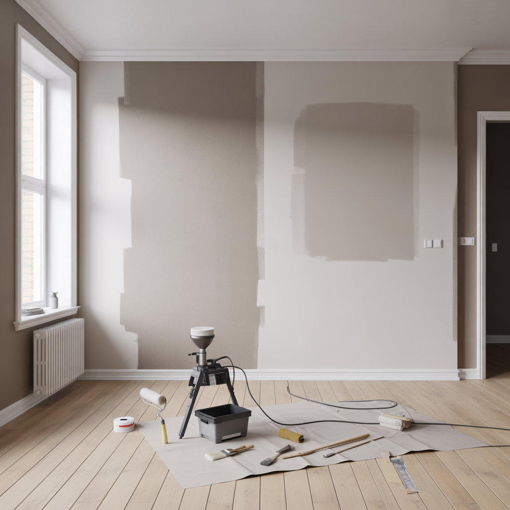 sprutmalning inomhus jamforelse med roller och pensel